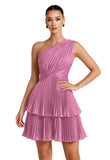 One Shoulder Satin Homecoming Dresses for Teens 2026 Short A-line Prom Dress Pleated Tiered Cocktail Party Gowns