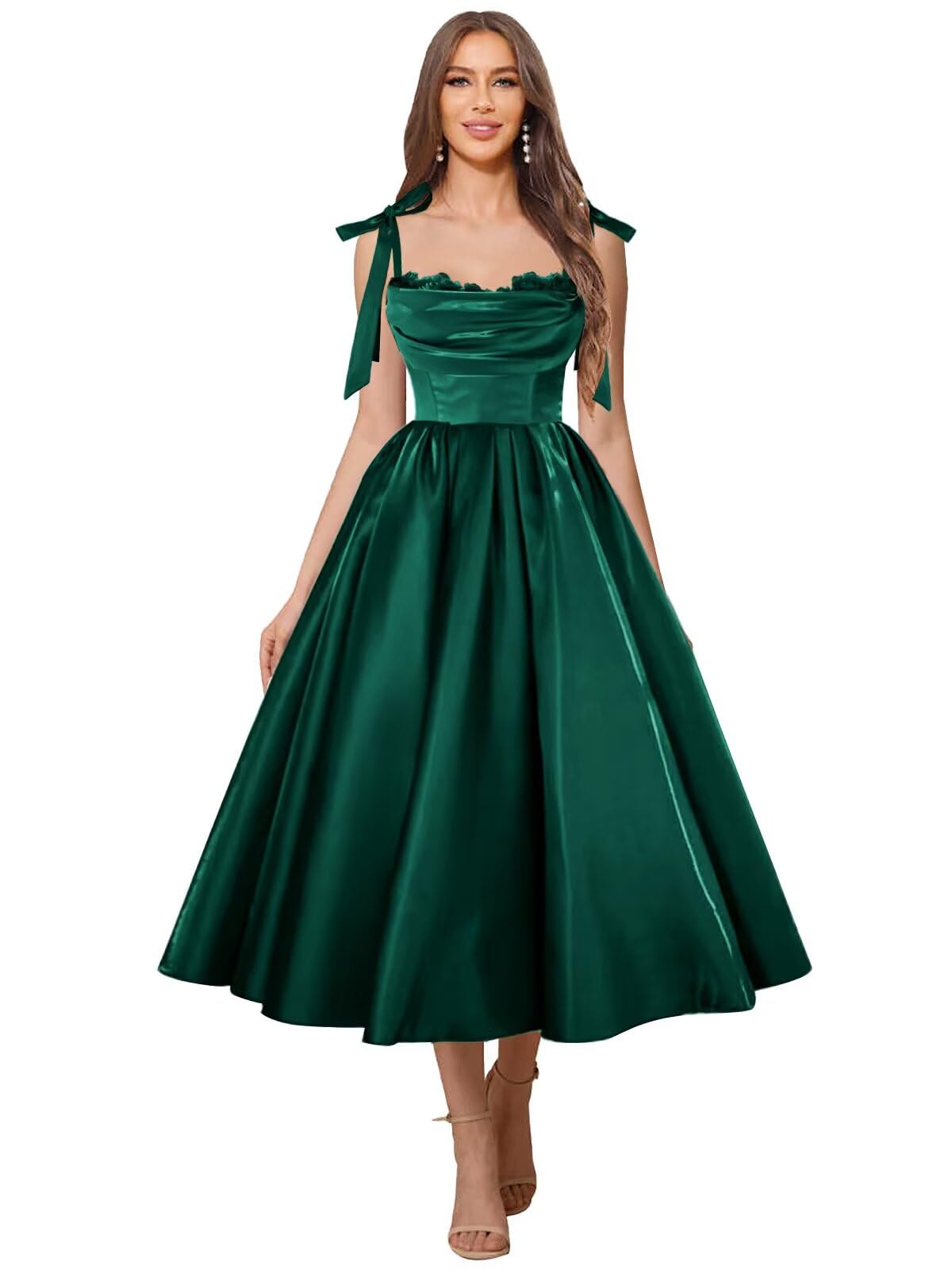 Satin Prom Dresses for Women Spaghetti Straps Corset A-Line Ball Formal Gowns Tea Length with Pockets
