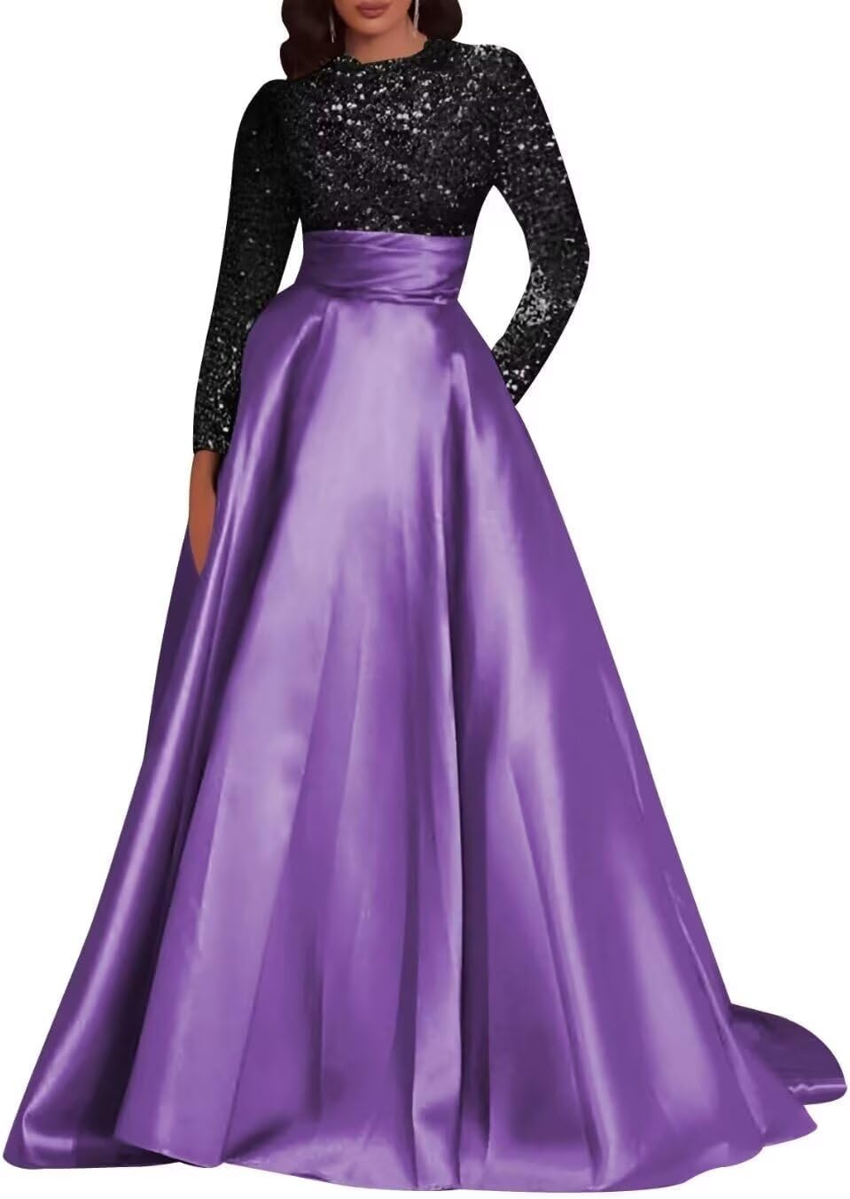 Kingbridal Gowns Long Sleeve Sequin Prom Dresses for Women Satin A-line Formal Dress 2026 Sparkly Evening Party Gowns with Pockets