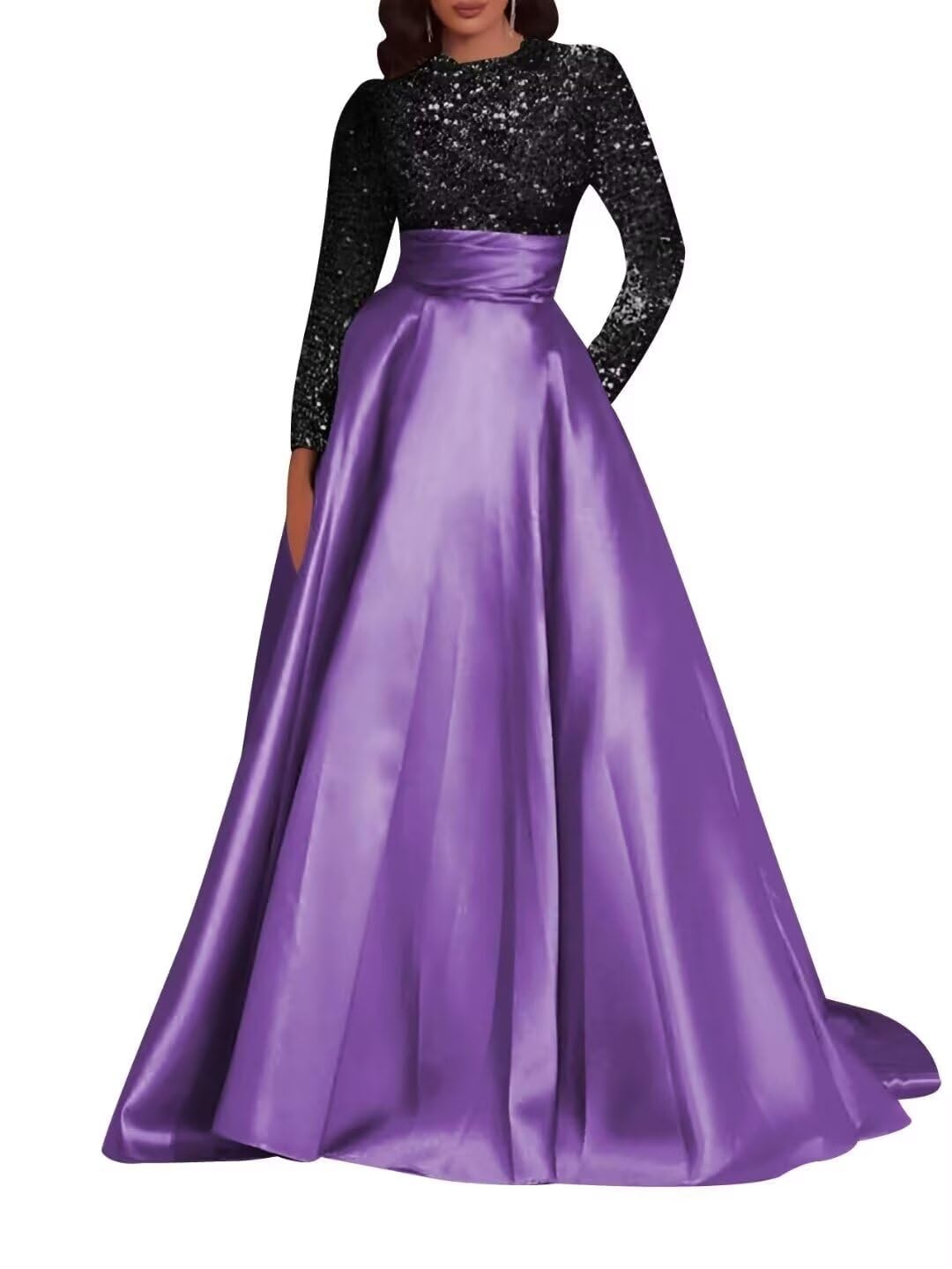 Kingbridal Gowns Long Sleeve Sequin Prom Dresses for Women Satin A-line Formal Dress 2026 Sparkly Evening Party Gowns with Pockets