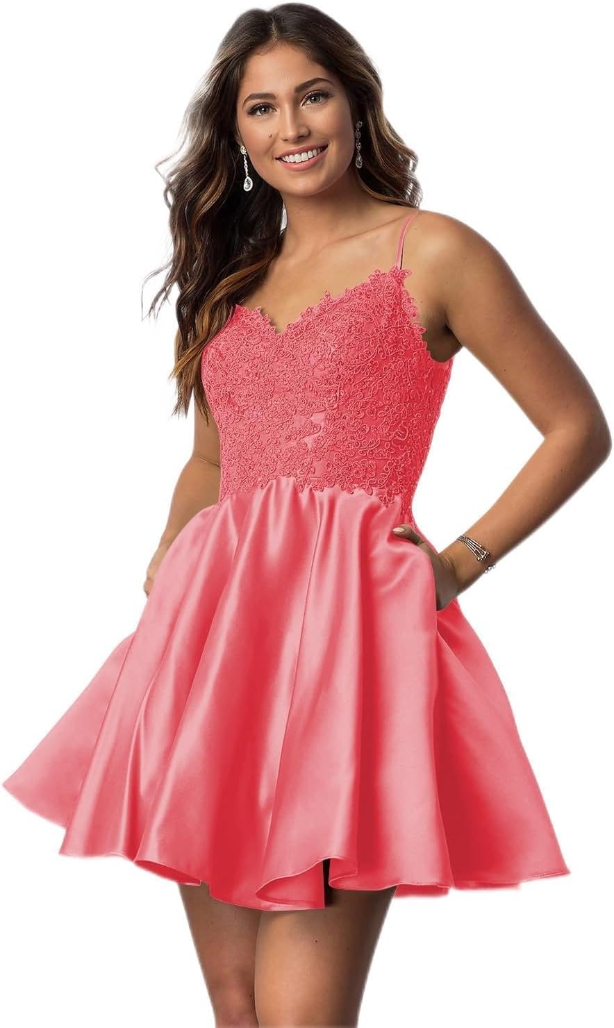 Vestidos cortos de fiesta con tirantes finos para jóvenes, con encaje, escote en V y bolsillos.