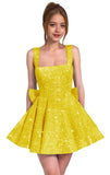 Sparkly Sequin Homecoming Dresses for Teens Short Prom Dress Square Neck Bow Formal Cocktail Gowns with Pockets