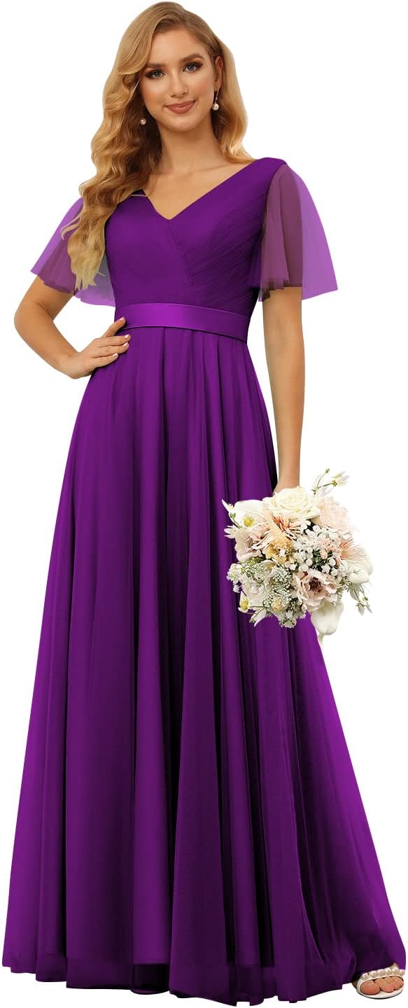 Damen Brautjungfernkleider mit Flatterärmeln, Tüll, lang, V-Ausschnitt, Empire-Taille, formelles Kleid 