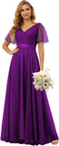 Damen Brautjungfernkleider mit Flatterärmeln, Tüll, lang, V-Ausschnitt, Empire-Taille, formelles Kleid 