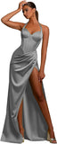 Women's Satin Halter Prom Dresses with Slit Ruched Long Corset Formal Evening Party Gown