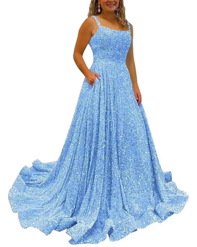 Kingbridal Gowns Spaghetti Straps Prom Dresses Long for Women 2026 A Line Sequin Satin Formal Evening Party Ball Gowns with Slit