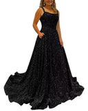 Kingbridal Gowns Spaghetti Straps Prom Dresses Long for Women 2026 A Line Sequin Satin Formal Evening Party Ball Gowns with Slit