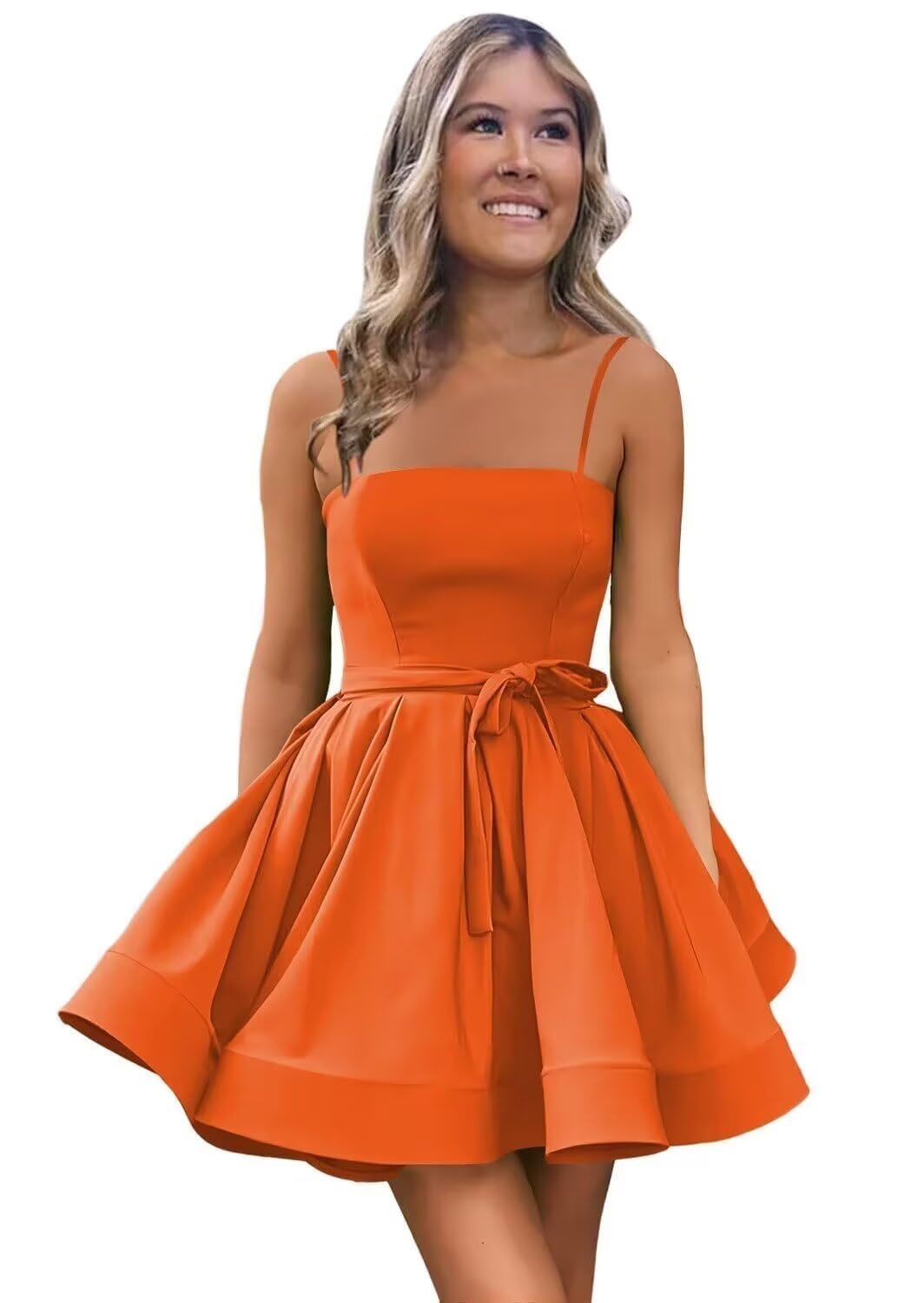 Women’s Short Satin Spaghetti Straps Formal Homecoming Dresses A Line Corset Puffy Prom Gown with Pockets for Teens