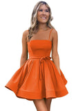 Women’s Short Satin Spaghetti Straps Formal Homecoming Dresses A Line Corset Puffy Prom Gown with Pockets for Teens
