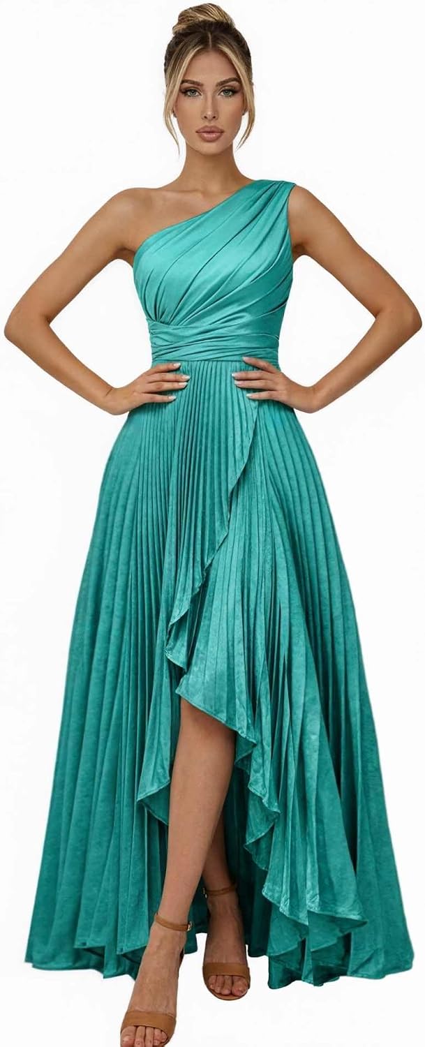 One Shoulder Bridesmaid Dresses for Women Satin Pleated Long A Line Formal Prom Evening Party Dress with Slit