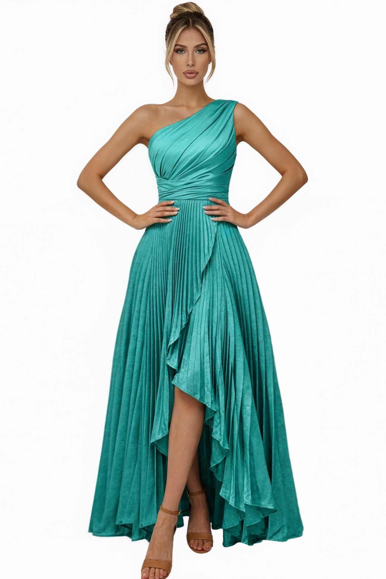 One Shoulder Bridesmaid Dresses for Women Satin Pleated Long A Line Formal Prom Evening Party Dress with Slit