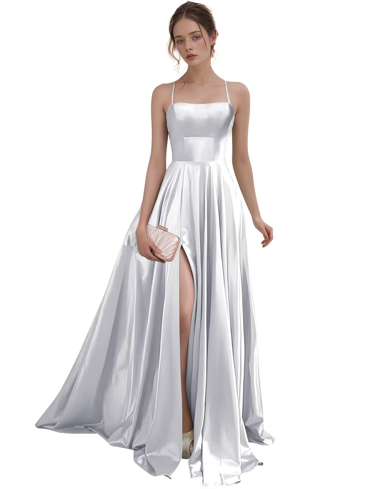 Women's Satin Prom Dresses with Slit Strapless A Line Corset Ball Gowns Spaghetti Straps Formal Evening Gowns with Pockets