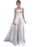 Women's Satin Prom Dresses with Slit Strapless A Line Corset Ball Gowns Spaghetti Straps Formal Evening Gowns with Pockets