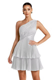 One Shoulder Satin Homecoming Dresses for Teens 2026 Short A-line Prom Dress Pleated Tiered Cocktail Party Gowns