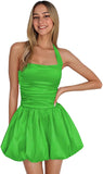 Satin Halter Homecoming Dresses for Teens Short Prom Dress 2027 Flower Bud Ruched Formal Cocktail Gown with Pockets