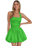 Satin Halter Homecoming Dresses for Teens Short Prom Dress 2027 Flower Bud Ruched Formal Cocktail Gown with Pockets