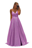 Women's Spaghetti Straps Prom Dresses Long V-Neck Sparkling Bridesmaid Dresses Formal Evening Gowns with High Slit