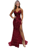 Sparkly Sequin Prom Dresses for Teens 2026 V Neck Glitter Applique Mermaid Formal Evening Gown with Slit