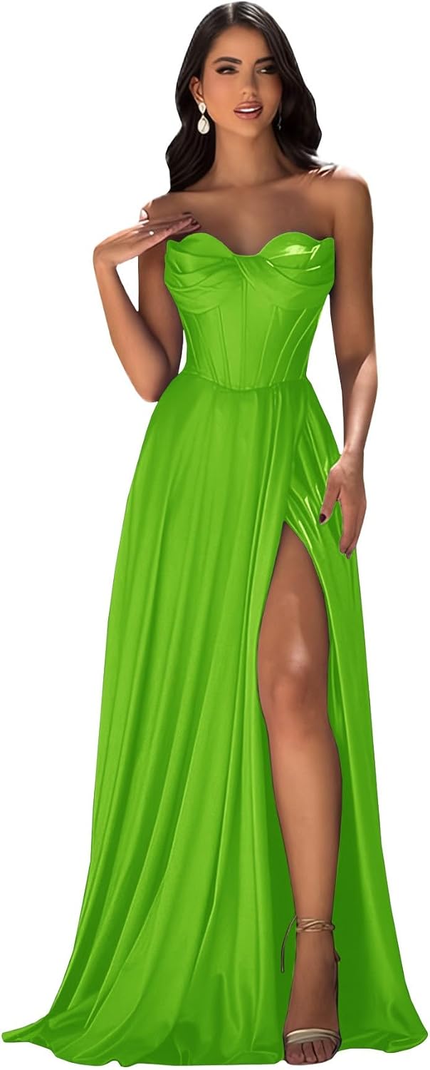 Strapless Prom Dress with Slit Satin A Line Long Ball Gowns for Women Sweetheart Corset Formal Dress with Pockets