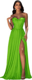 Strapless Prom Dress with Slit Satin A Line Long Ball Gowns for Women Sweetheart Corset Formal Dress with Pockets