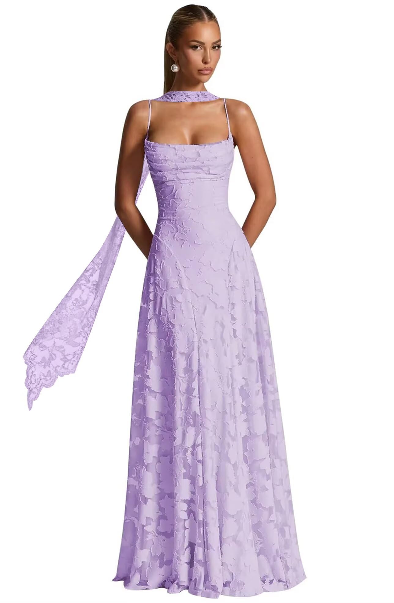 Floral Lace Bridesmaid Dresses for Women Long Spaghetti Straps Formal Evening Gowns with Scarf