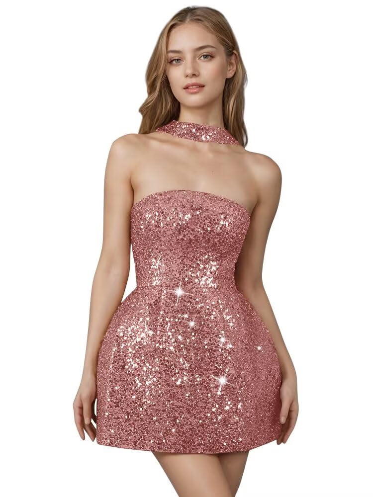 Strapless Sequin Homecoming Dresses for Teens Short Prom Dress Sparkly A-Line Cocktail Party Gowns with Pockets