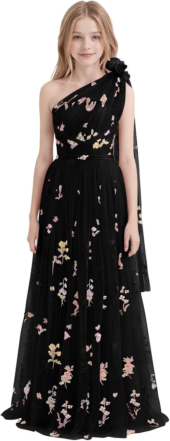 One Shoulder Long Tulle Junior Bridesmaid Dresses for Wedding Flower Girl Dress Formal Prom Gown