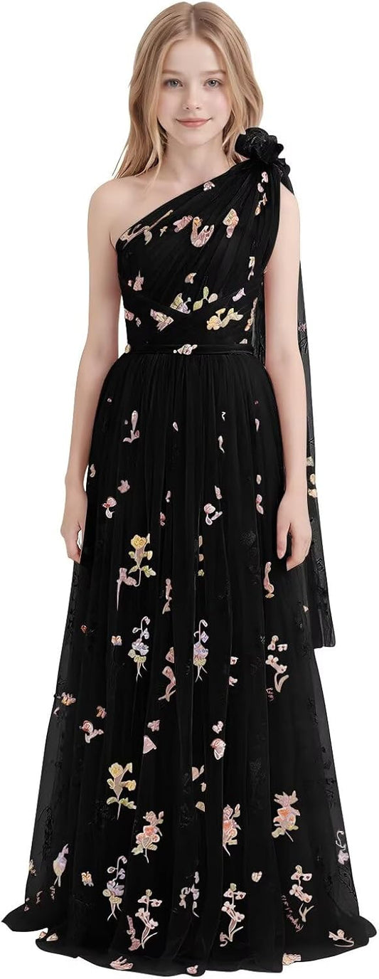 One Shoulder Long Tulle Junior Bridesmaid Dresses for Wedding Flower Girl Dress Formal Prom Gown