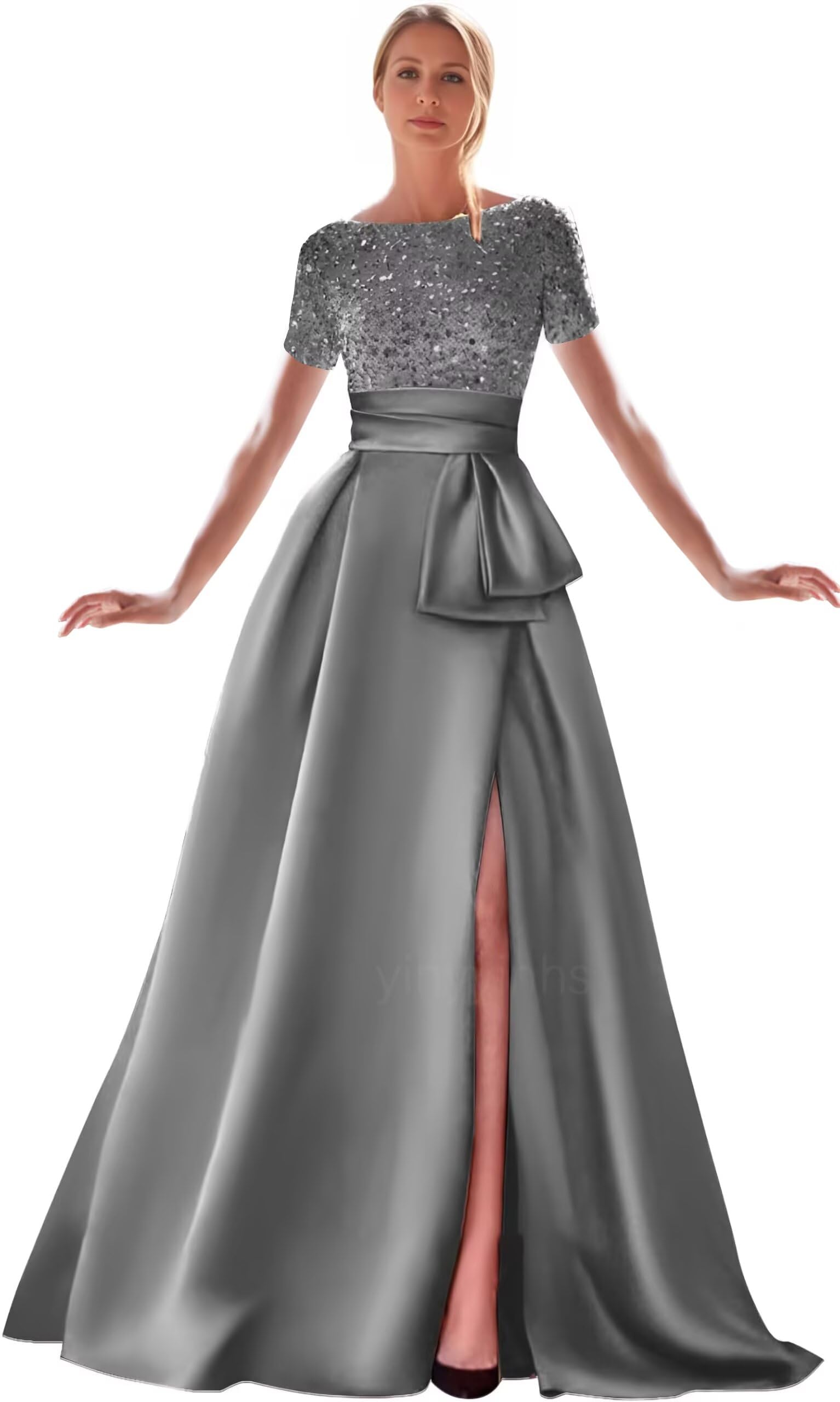 Kingbridal Gowns Short Sleeve Sequin Prom Dresses for Women 2026 Satin A-Line Sparkly Formal Evening Party Ball Gowns with Slit