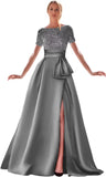 Kingbridal Gowns Short Sleeve Sequin Prom Dresses for Women 2026 Satin A-Line Sparkly Formal Evening Party Ball Gowns with Slit
