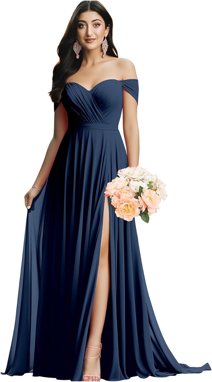 Schulterfreies Brautjungfernkleid für die Hochzeit, gerüschtes Chiffon-Split-Abendkleid mit Taschen 