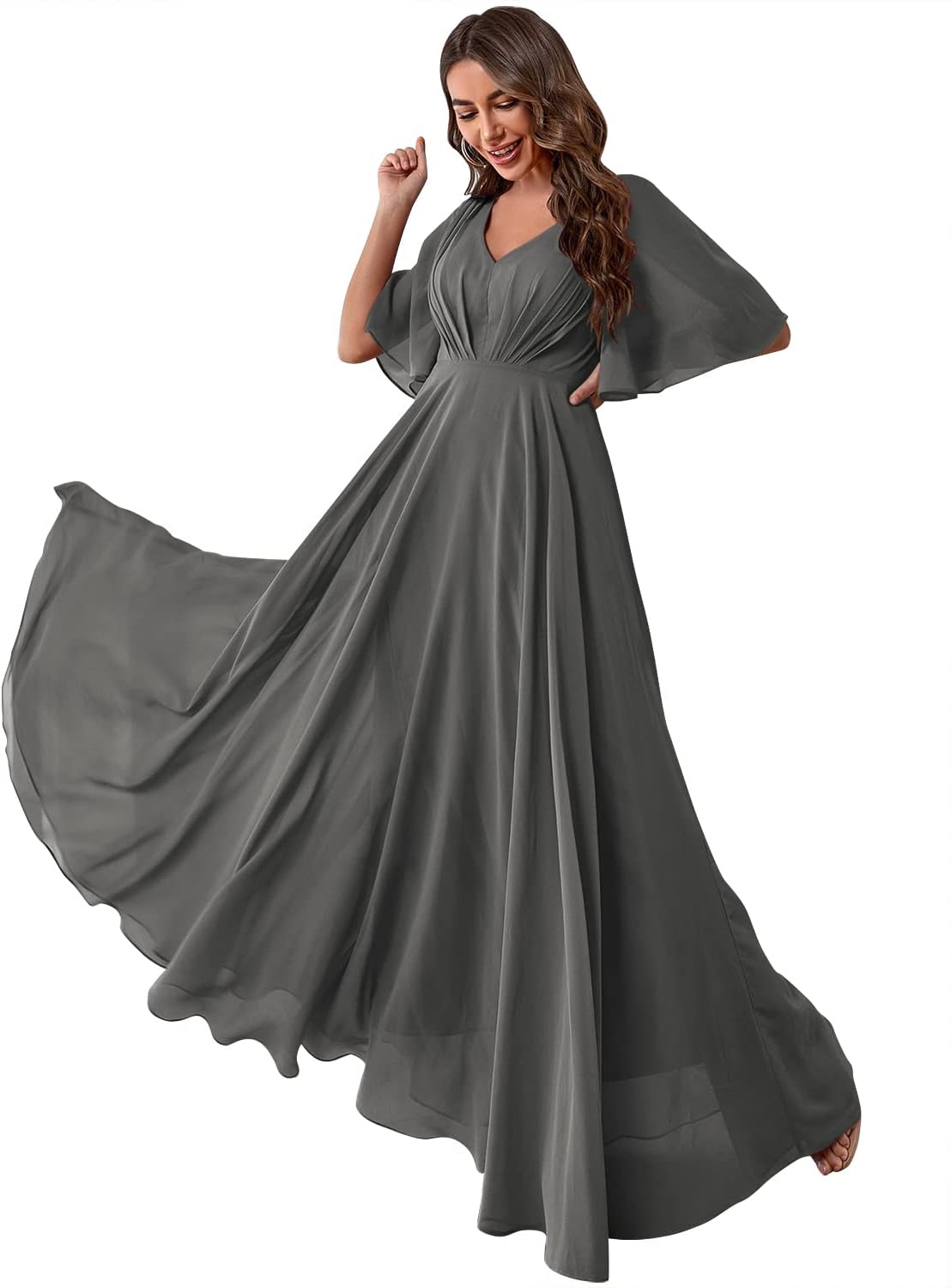 Women's Batwing Sleeve Chiffon Bridesmaid Dresses with Pockets V Neck Long Formal Evening Dress