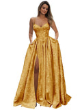 Satin Spaghetti Straps Prom Dresses for Women Jacquard Aline Backless Formal Evening Party Ball Gowns with Pockets