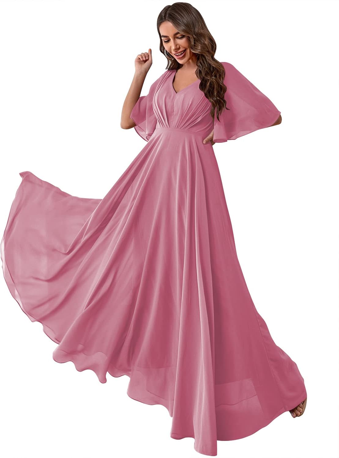 Women's Batwing Sleeve Chiffon Bridesmaid Dresses with Pockets V Neck Long Formal Evening Dress