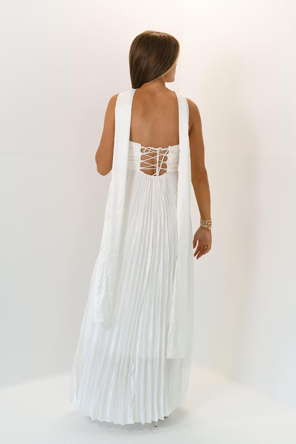 Flowy Chiffon Bridesmaid Prom Dress with Scarf Strapless Pleated Formal Evening Dresses