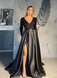 Vestido de fiesta de satén con lentejuelas brillantes para mujer, con bolsillos, manga larga y abertura. 