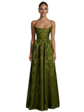 Floral Jacquard Prom Dresses for Women Spaghetti Straps A Line Satin Cowl Neck Formal Evening Party Dress