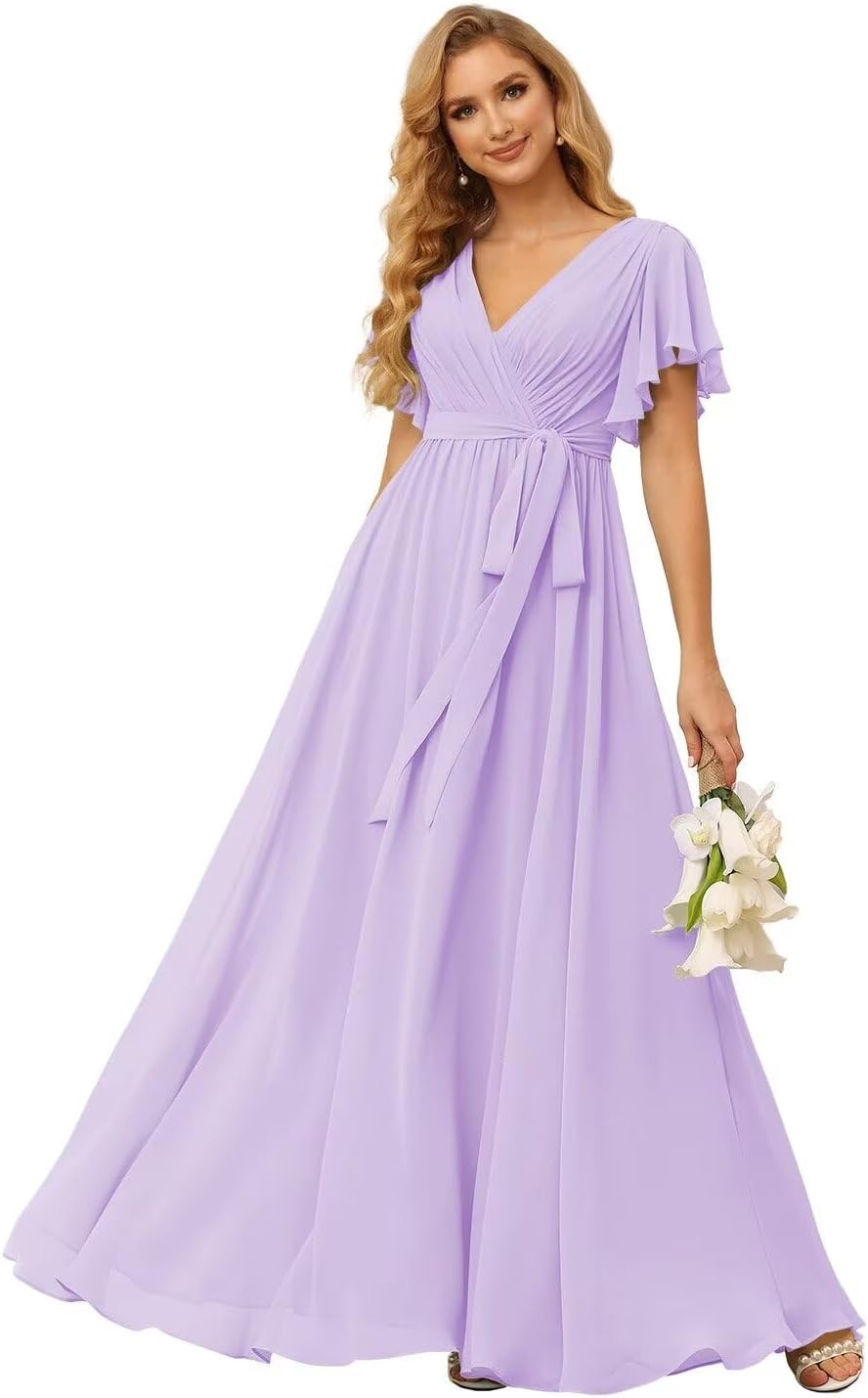 Damen Brautjungfernkleider mit Flatterärmeln, lang, mit Taschen, V-Ausschnitt, Chiffon, formelle Kleider 