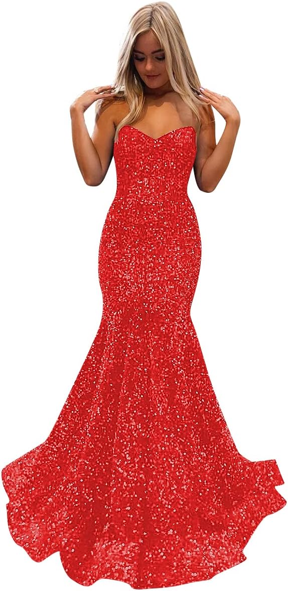 Women's Strapless Sequin Prom Dresses with Train Criss-Cross Mermaid Long Formal Evening Gowns