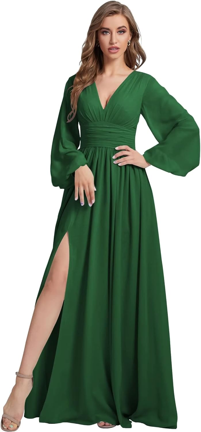 Womens V-Neck Long Sleeve Bridesmaid Dresses with Slit 2024 Ruched A-line Chiffon Prom Formal Dresses