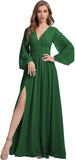Womens V-Neck Long Sleeve Bridesmaid Dresses with Slit 2024 Ruched A-line Chiffon Prom Formal Dresses