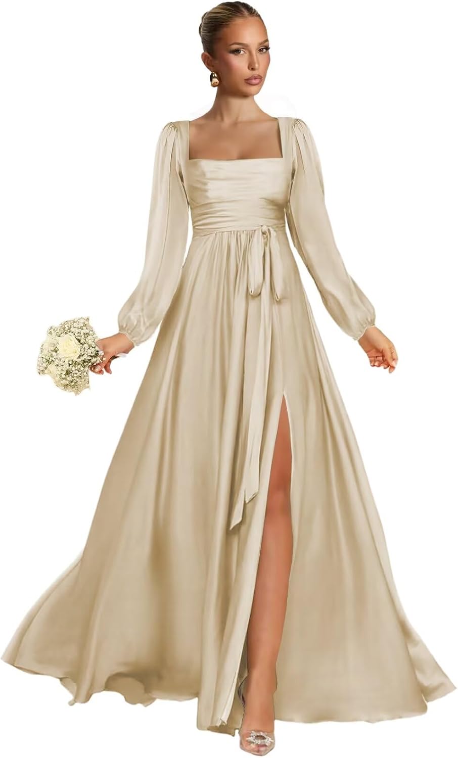 Satin Bridesmaid Dresses with Slit Long Sleeve Square Neck A Line Maxi Formal Dress