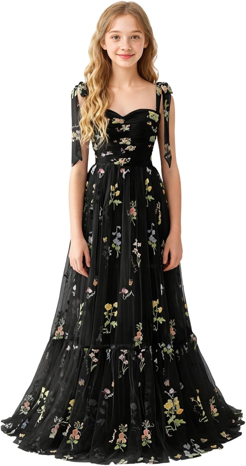 Floral Embroidered Tulle Flower Girl Dress Sweetheart Junior Bridesmaid Dresses Tiered Ruffled Formal Party Prom Gown