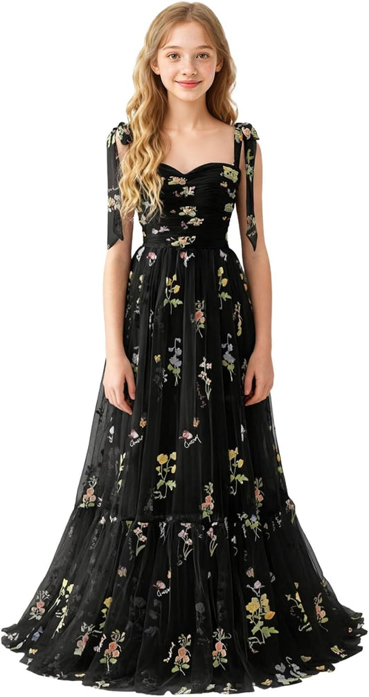 Floral Embroidered Tulle Flower Girl Dress Sweetheart Junior Bridesmaid Dresses Tiered Ruffled Formal Party Prom Gown