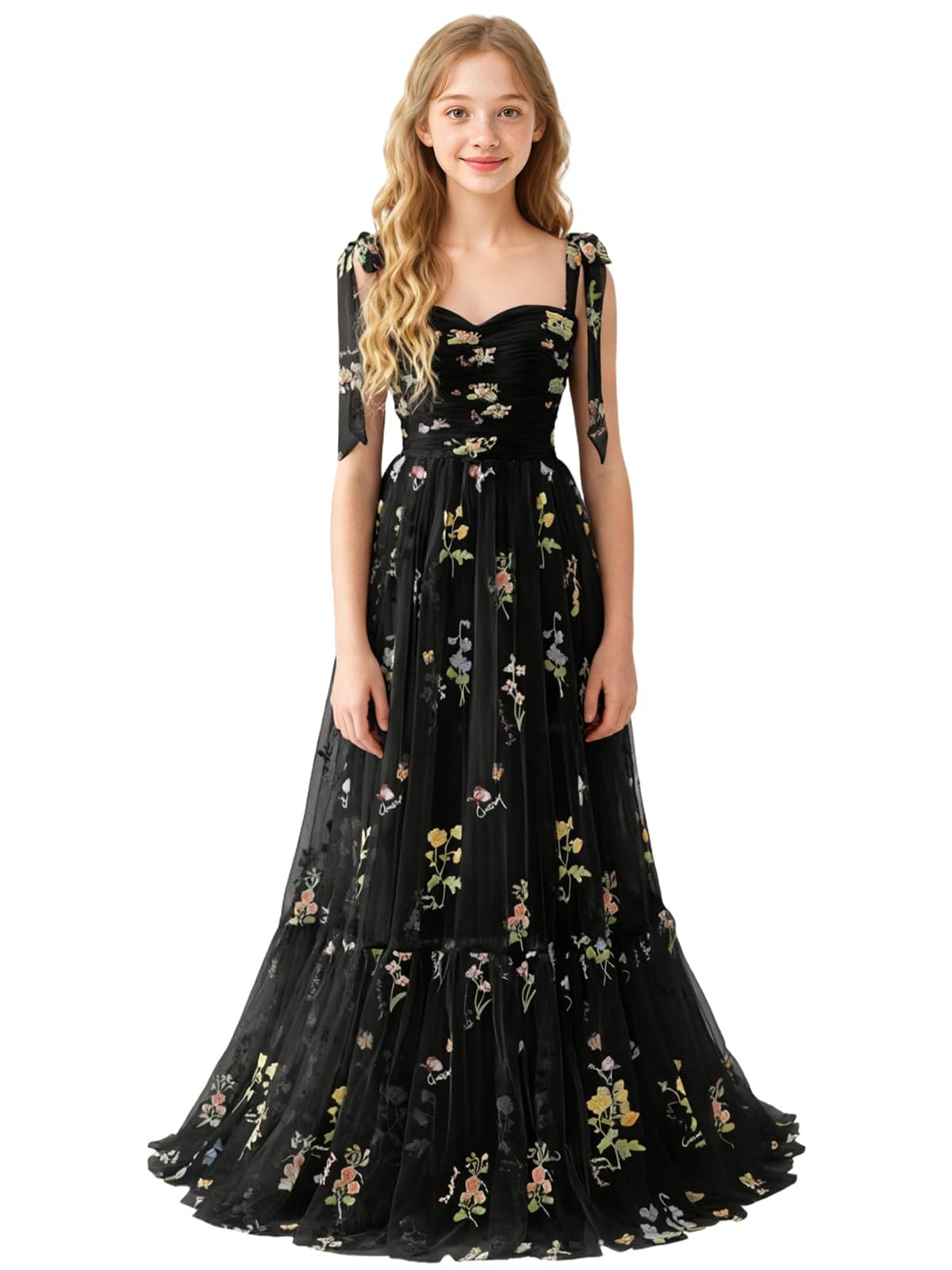 Floral Embroidered Tulle Flower Girl Dress Sweetheart Junior Bridesmaid Dresses Tiered Ruffled Formal Party Prom Gown