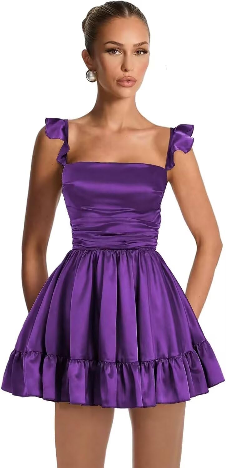 Satin Homecoming Dresses for Teens 2027 A-line Ruched Square Neck Short Prom Formal Cocktail Gowns with Pockets