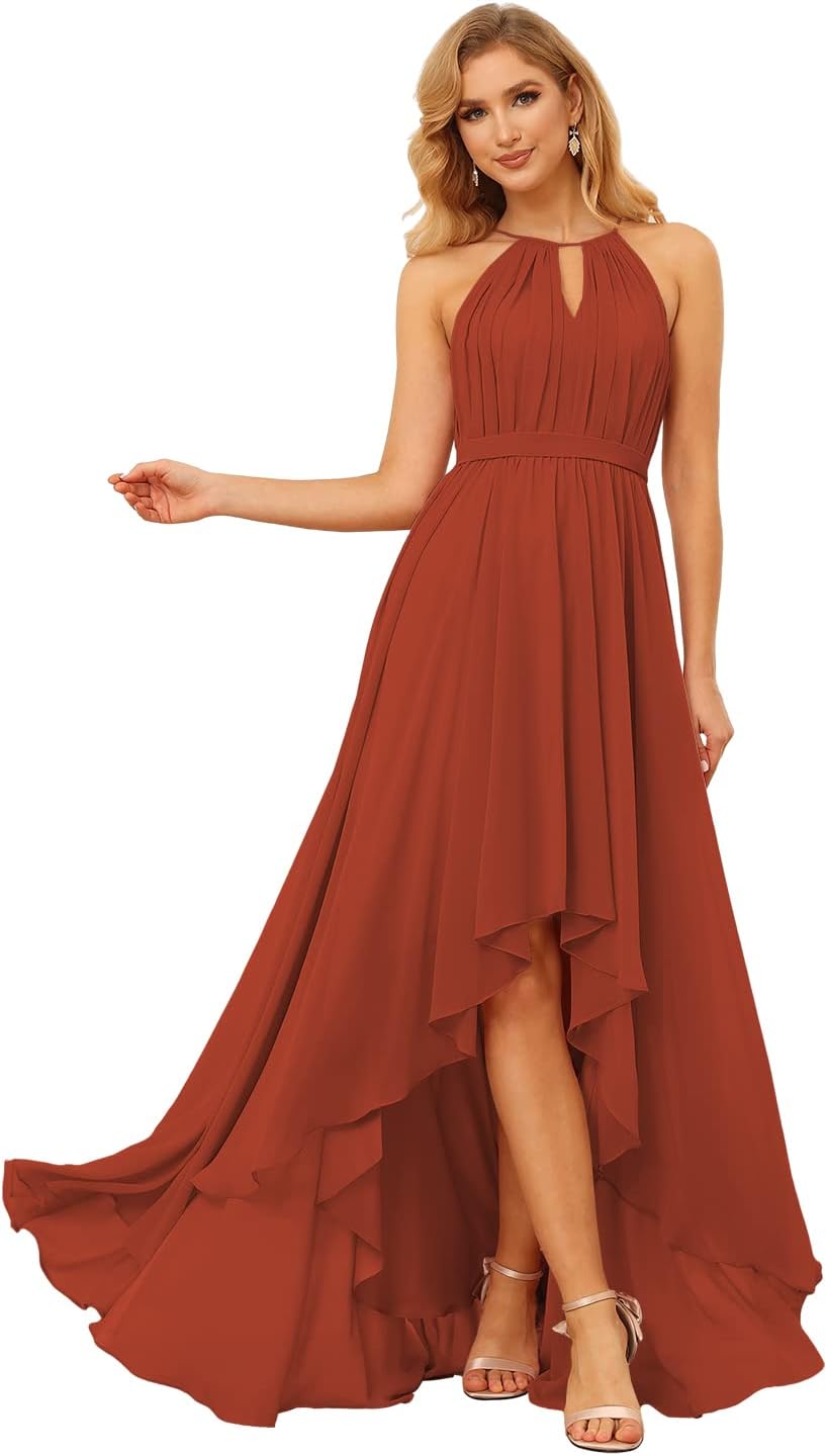 Damen Neckholder Brautjungfernkleider Lang mit Taschen High-Low Falten Formelles Kleid für Hochzeit 