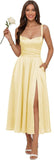 Jacquard Satin Bridesmaid Dresses for Women Spaghetti Straps A Line Tea Length Formal Dress