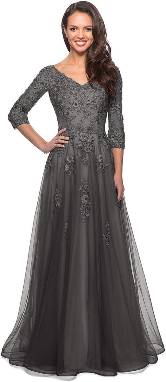 Women's Floral Lace Appliques 3/4 Sleeve Mother of The Bride Dresses Long V Neck Formal Dresses with Pockets