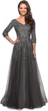 Women's Floral Lace Appliques 3/4 Sleeve Mother of The Bride Dresses Long V Neck Formal Dresses with Pockets